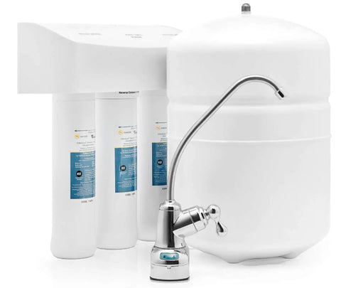Reverse osmosis filtration system with white tanks and chrome faucet, compatible with WHEERM Replacement Membrane For WHAPSRO WHAROS5 And WHER25 Reverse Osmosis Filtration Systems White 1 Count Easy Install Durable Membrane For Safer Water.