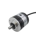 Rotary Encoder TRDJ100RZ Incremental Encoder With Stainless Steel Shaft And Aluminum Shell, shown at an angle with visible label