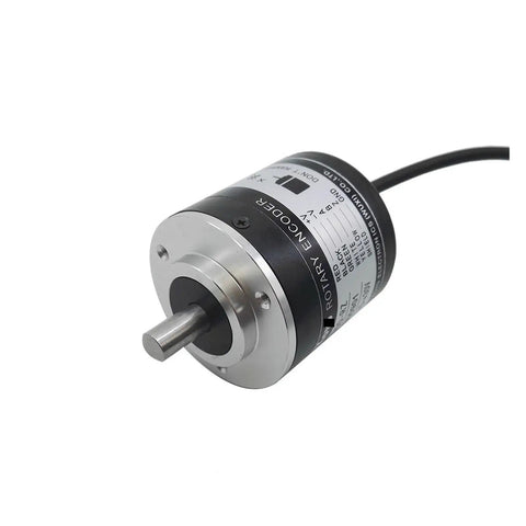 Rotary Encoder TRDJ100RZ Incremental Encoder With Stainless Steel Shaft And Aluminum Shell, shown at an angle with visible label