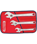 3 Piece Adjustable Wrench Set With Extra Wide Jaw Satin Finish For Slip Resistant Grip Beefy Square Jaw Build Heavy Duty Alloy Steel For Plumbing Mechanical And Home Repair Jobs displayed on red pouch