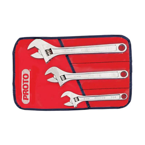 3 Piece Adjustable Wrench Set With Extra Wide Jaw Satin Finish For Slip Resistant Grip Beefy Square Jaw Build Heavy Duty Alloy Steel For Plumbing Mechanical And Home Repair Jobs displayed on red pouch