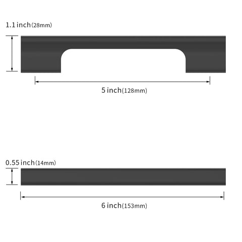 Diagram of 10 Pack 5 Inch Matte Black Cabinet Handles For Kitchen And Bath, showing front and side measurements, 128mm length.