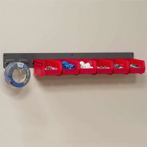Heavy Duty Wall Mount Garage Storage Steel Louvered Rail System For AkroBins, Wall Bin Organizer, grey rail with red bins filled with tools.