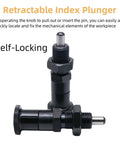 Rock Solid Push Fit Ball Nose Carbon Steel Spring Knob Plunger With Self Locking Retractable Index Pin For Heavy Duty Industrial Positioning And Fixing Hardware M10 Thread, self-locking mechanism shown.