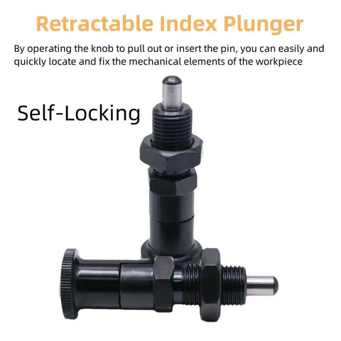 Rock Solid Push Fit Ball Nose Carbon Steel Spring Knob Plunger With Self Locking Retractable Index Pin For Heavy Duty Industrial Positioning And Fixing Hardware M10 Thread, self-locking mechanism shown.