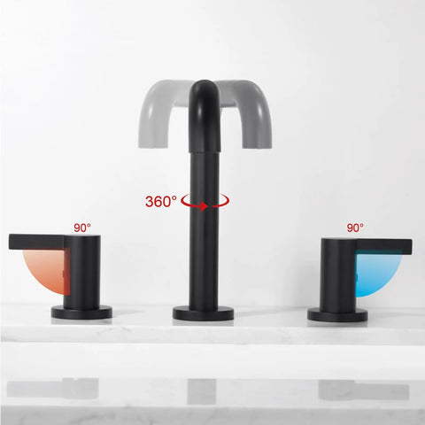 8 Inch Widespread Black Bathroom Faucet For 3 Hole Sink With Drain Dual Lever Handle Drip Free Ceramic Valves Lead Free Stainless Steel Vanity Faucet With Durable Finish And Easy Install showing rotation angles