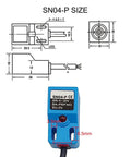 Top Notch Inductive Proximity Sensor SN04 P with size diagram and dimensions, 3-wire PNP NO output with blue LED indicator