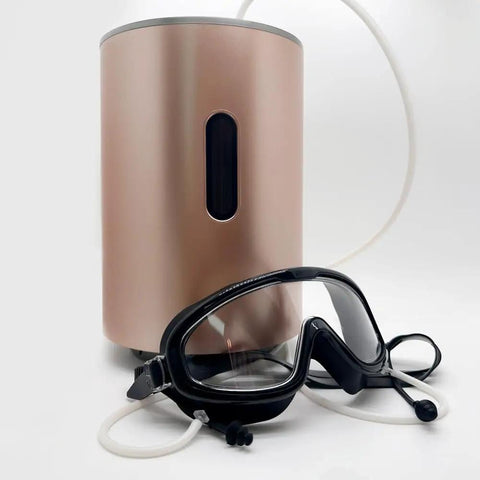 Hydrogen generator with Eye Mask Goggles for Hydrogen Gas Inhalation and Eye Fatigue Relief, shown over glasses with tubing connection.