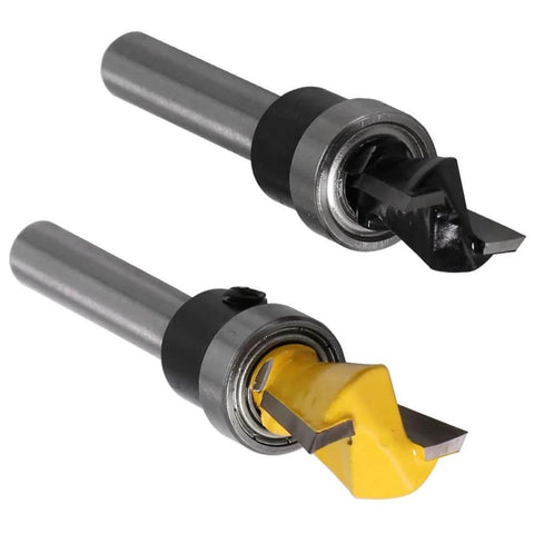 Two Pack One Quarter Inch Shank Dovetail Router Bits With Bearing Guide For Furniture Making And Cabinetry, Black 10 Degree Bit And Yellow Five Eighth Inch Bit For Smooth Dovetail Joints In Woodworking Cutter Tools.