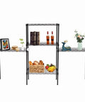 Five Tier Heavy Duty Storage Rack In Black 550 Lb Capacity Top Shelf Carbon Steel Workhorse Shelving displaying books, food, and decor.