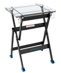 Heavy Duty Folding Workshop Table Stand With Secure Locking Pins Compact Portable Woodworking Support For Router And T Track Boards. Black steel frame with clear surface.