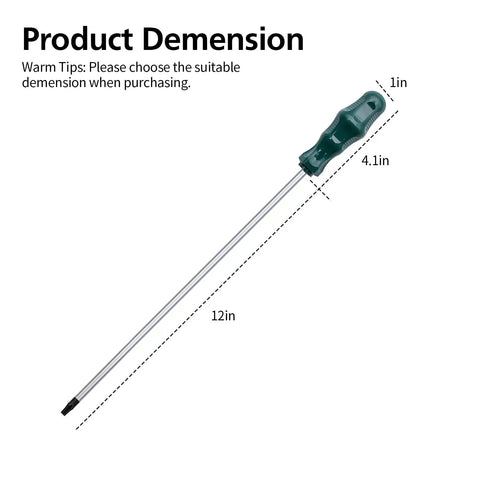 Dimensions of Extra Long Magnetic Torx Screwdriver Set For Tough Reach Jobs 12-inch length with cushioned grip shown