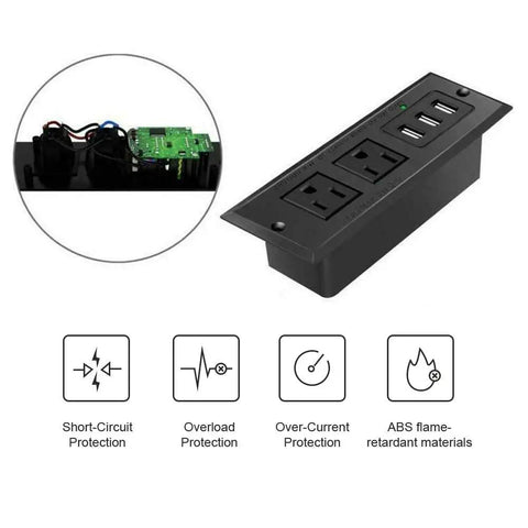 Recessed Conference Table Power Strip With USB Ports, Desktop Charging Station, 2 Outlets And 3 USB Ports, 6.5 Ft Cord diagram