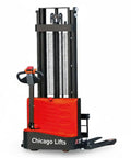 Built Tough Electric Pallet Stacker Packing 2600 Lbs Capacity Boasting Quick 118 Inch Lift Height with adjustable forks.