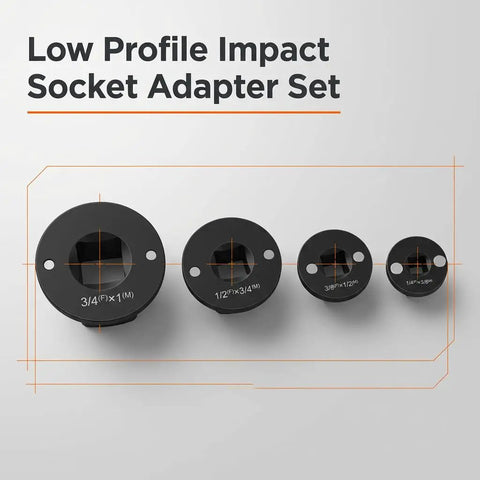 Low Profile Impact Socket Adapter Set Four Piece Drive Ratchet Kit Magnetic Design CRV Steel With 1000 Ft Lb Torque Capacity