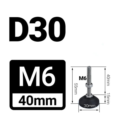 Universal Adjustable Furniture Leveling Feet Four Pack Featuring Swivel Angle Controls Ranging From One To Two Point Five Inches Tall Carbon Steel Bodies Nylon Glide Pads Banish Wobbly Surfaces Instantly, M6 40mm leveling foot with dimensions.