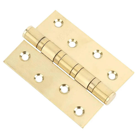 Rock Solid Heavy Gauge Stainless Steel Door Hinges With Hydraulic Buffering And Brushed Metal Hardware Built Tough For Dead Quiet And Butter Smooth Cabinet Swinging, showcasing gold finish and mounting holes.