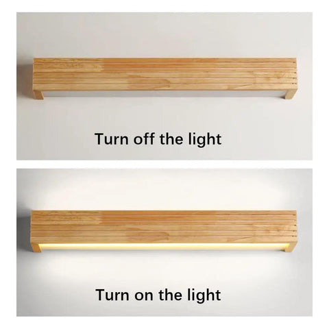 Hardwired Wood Led Wall Sconce,Modern Minimalist Rectangle Vanity Light,Updown 6000k for Living Room Bedroom Hallway (55cm) off and on display.