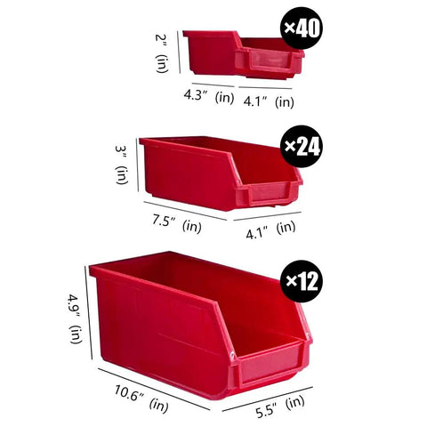 Sizes of bins for Heavy Duty Metal Bin Rack Storage Organizer System With 76 Removable Bins For Tools Hardware Nuts Bolts