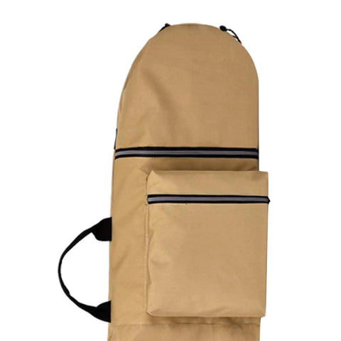 Ride-Ready Skateboard Backpack For Longboards And Electric Boards, Durable Carry Case With Adjustable Shoulder Straps And Handle, All-In-One Board Storage Bag Fits Decks Up To 84cm By 32cm, Khaki, side view with zipper pockets.