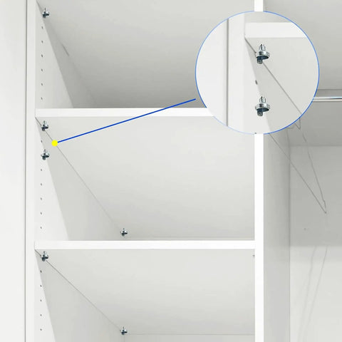 Close-up of 100 Pack Zinc Alloy Cabinet Shelf Pegs For Easy Install No Tools Needed Replacement Pins on white shelves.