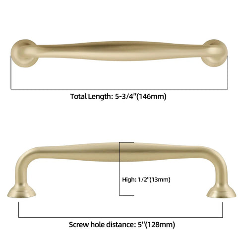 10 Pack Brushed Gold Cabinet Pulls For 5 Inch Center, Boss Style Modern Kitchen Handles dimensions and side view