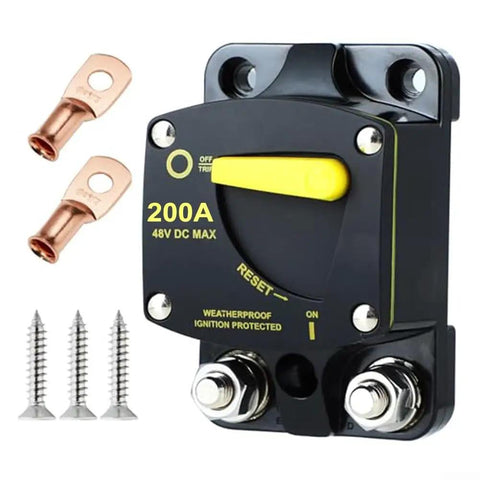 Heavy Duty Circuit Breaker With Manual Reset Switch For 12V And 48V DC Trolling Motors Marine Rv Electronics, features a yellow reset switch.