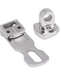 Two-piece Hapivida marine-grade stainless steel hatch fastener clamp set; base plate with slot and locking loop (front view)