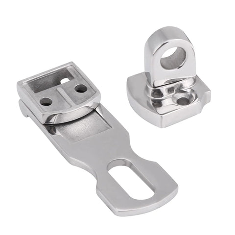 Two-piece Hapivida marine-grade stainless steel hatch fastener clamp set; base plate with slot and locking loop (front view)