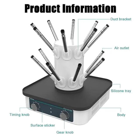 Premium Lab Airflow Dryer Rack With 12 Holes And Tree Branch Duct Design, features duct bracket and controls for efficient glassware drying.