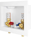 Front view of Washer Outlet Box DIY Ready With One Half Inch PexA Expansion Inlet And Three Quarter Inch MHT Outlet.