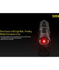 MT10C 920 Lumen Multitask Tactical Flashlight With Red Light and Beacon Mode, shining red light, on a dark background
