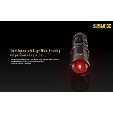 MT10C 920 Lumen Multitask Tactical Flashlight With Red Light and Beacon Mode, shining red light, on a dark background
