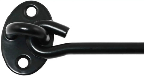 Close-up of Two Pack 10 Inch Stainless Steel Windproof Barn Door Lock And Cabin Hook Eye Latch, black finish, with mounting plate.