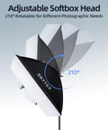 Adjustable softbox head showing 210° rotation feature for Softbox Lighting Kit 2Pack 20x28 Inch With 85W LED Bulbs 2700K 6400K E27 Base Adjustable Color Temperature Pro Grade Continuous Photo Studio Lighting For Cameras And Video Includes Stands Remote Controls And Carry Bag.