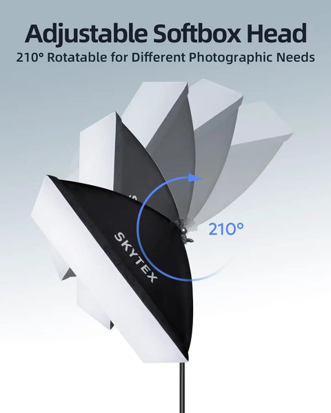 Adjustable softbox head showing 210° rotation feature for Softbox Lighting Kit 2Pack 20x28 Inch With 85W LED Bulbs 2700K 6400K E27 Base Adjustable Color Temperature Pro Grade Continuous Photo Studio Lighting For Cameras And Video Includes Stands Remote Controls And Carry Bag.