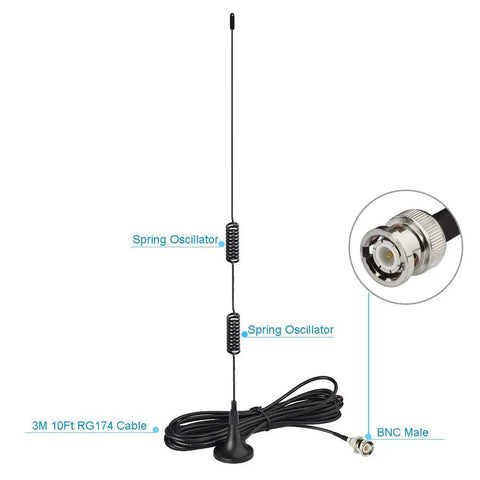 Rad VHF UHF Ham Radio Scanner Antenna With Magnetic Base And BNC Male Connector, 50 Ohm, 3m Cable, Wide 20MHz To 1300MHz Range