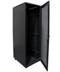 Badass 42U Rolling Server Rack Cabinet With Heavy Duty Caster Wheels For Easy Transfers True Blue 19 Inch Vertical Tower Enclosure In Matte Black Finish, open view.
