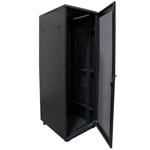 Badass 42U Rolling Server Rack Cabinet With Heavy Duty Caster Wheels For Easy Transfers True Blue 19 Inch Vertical Tower Enclosure In Matte Black Finish, open view.