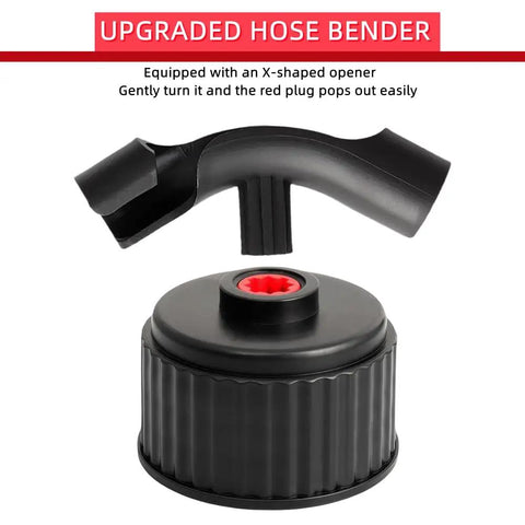 Pro Grade Fuel Filler Hose Kit With Ball Valve Tank Hose And Upgraded Hose Bender For Tuff Jugs Includes Jug Cap VP Gas Can Compatibility Racing Fuel Jug Hose For 3 Gallon Through Five Point Five Gallon Tanks With Precise Flow Control showing black hose bender and VP jug cap.