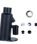 Badass 64Mm Titanium Coated Single Dose Coffee Grinder With Adjustable Speed Control And Integrated Air Blower showing side view and parts.