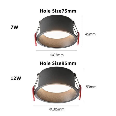 ELUKHT 4-Pack 7W/12W Commercial LED Recessed Downlight with Black Anti-Glare Trim - 3 Color Selectable for Indoor Lighting, 12w-Warm Light with size specifications.