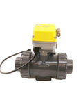 3 Way PVC Electric Ball Valve With WiFi Remote, App Timed Control, 110V-230V, L Type Water Diverter, DN50 2 Inch, Plug And Play Plumbing Valve For Home And Industrial Use gray PVC valve with yellow actuator and cable