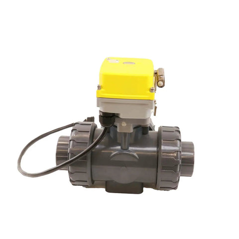 3 Way PVC Electric Ball Valve With WiFi Remote, App Timed Control, 110V-230V, L Type Water Diverter, DN50 2 Inch, Plug And Play Plumbing Valve For Home And Industrial Use gray PVC valve with yellow actuator and cable