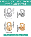 80Pcs Pro Grade Bead Tips Knot Covers 18K Gold Plated Brass Clamshell End Cap in gold and silver, sizes labeled.