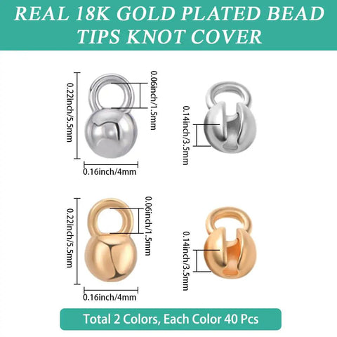 80Pcs Pro Grade Bead Tips Knot Covers 18K Gold Plated Brass Clamshell End Cap in gold and silver, sizes labeled.