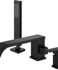Matte Black Roman Tub Faucet with Handheld Sprayer, one-handle widespread deck-mount bath filler, 3-hole, ultra long waterfall spout