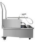 Rock Solid 14.5 Gallon Commercial Fryer Filter Machine with stainless steel cart and drainage hose, ideal for busy kitchens.