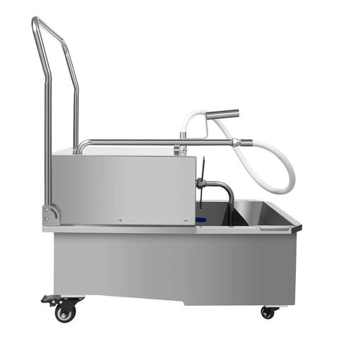 Rock Solid 14.5 Gallon Commercial Fryer Filter Machine with stainless steel cart and drainage hose, ideal for busy kitchens.