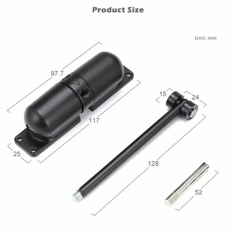 Heavy Duty Automatic Door Closer For Screen Door With Adjustable Closing Force, Stainless Steel And Nylon Construction, dimensions shown